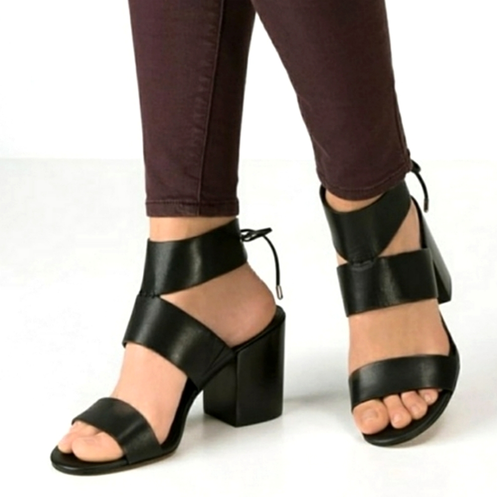 Rebecca Mincoff Christy block heel wrap around ties black leather sandals size 8